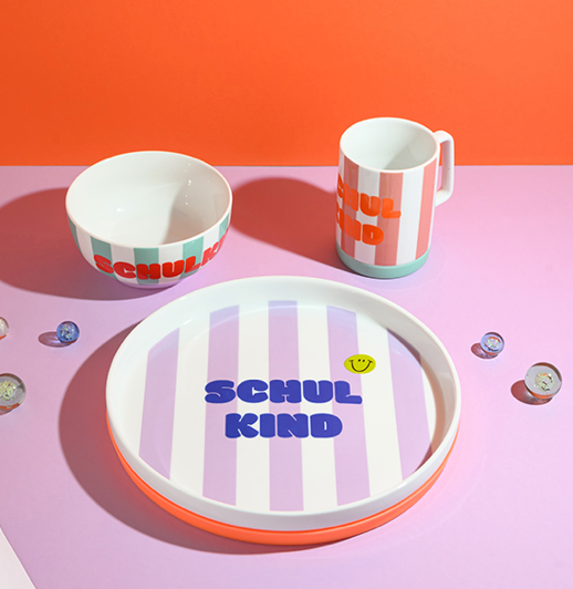 Porzellanset Schulkind Stripes flieder und pink ava & Yves