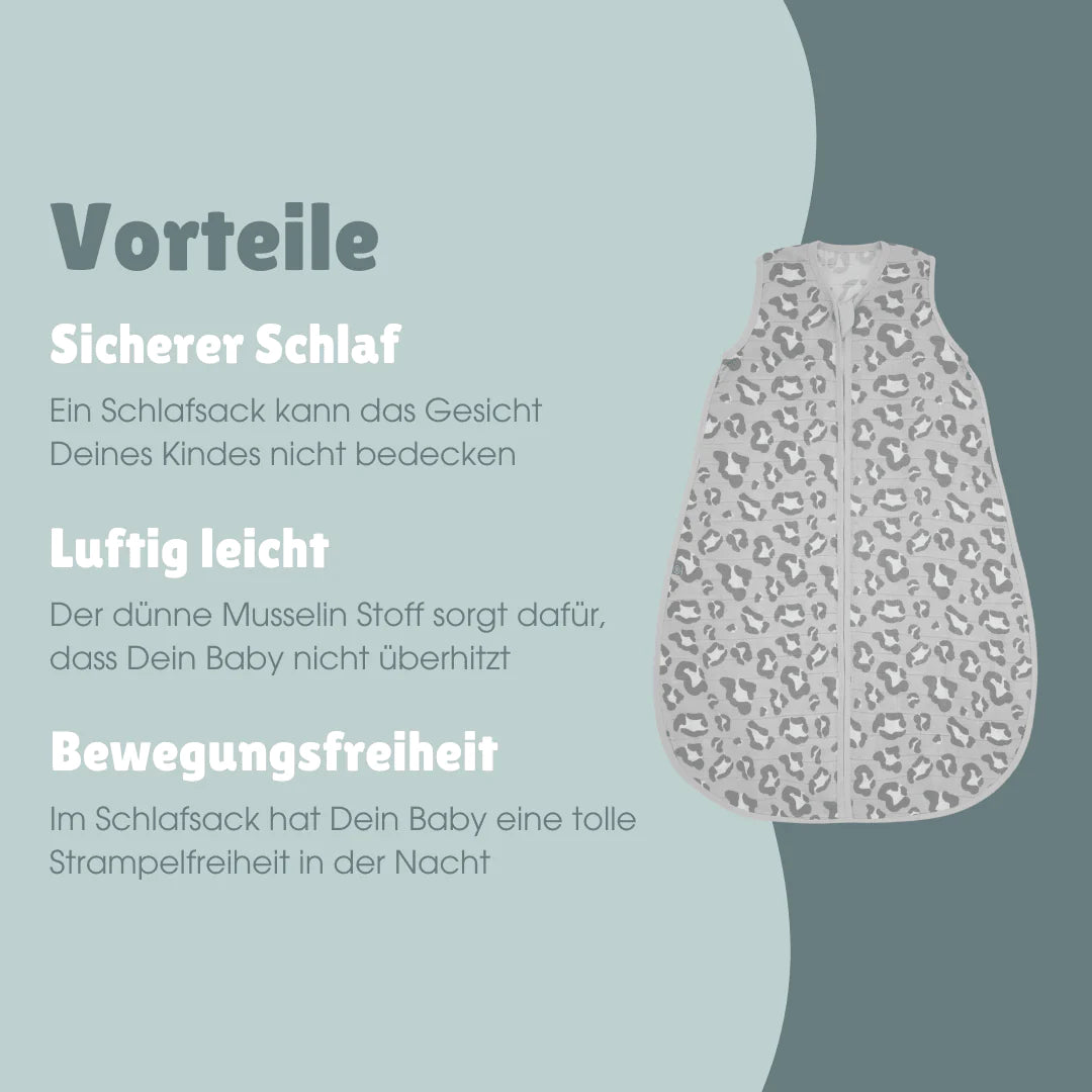 Emma & Noah - Sommerschlafsack ohne Arm leo grau 0,5 TOG aus Biobaumwollmusselin