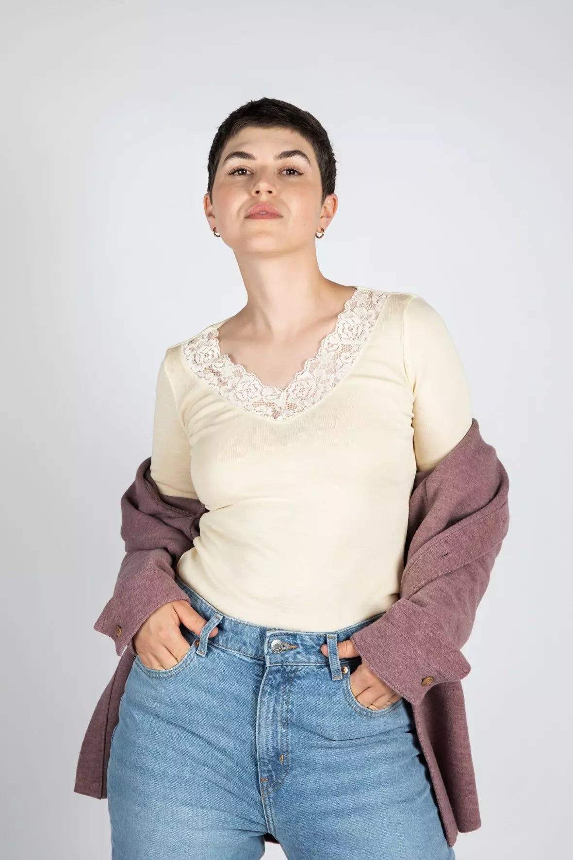 Engel - Damen Langarmshirt Wolle/Seide mit Spitze natur