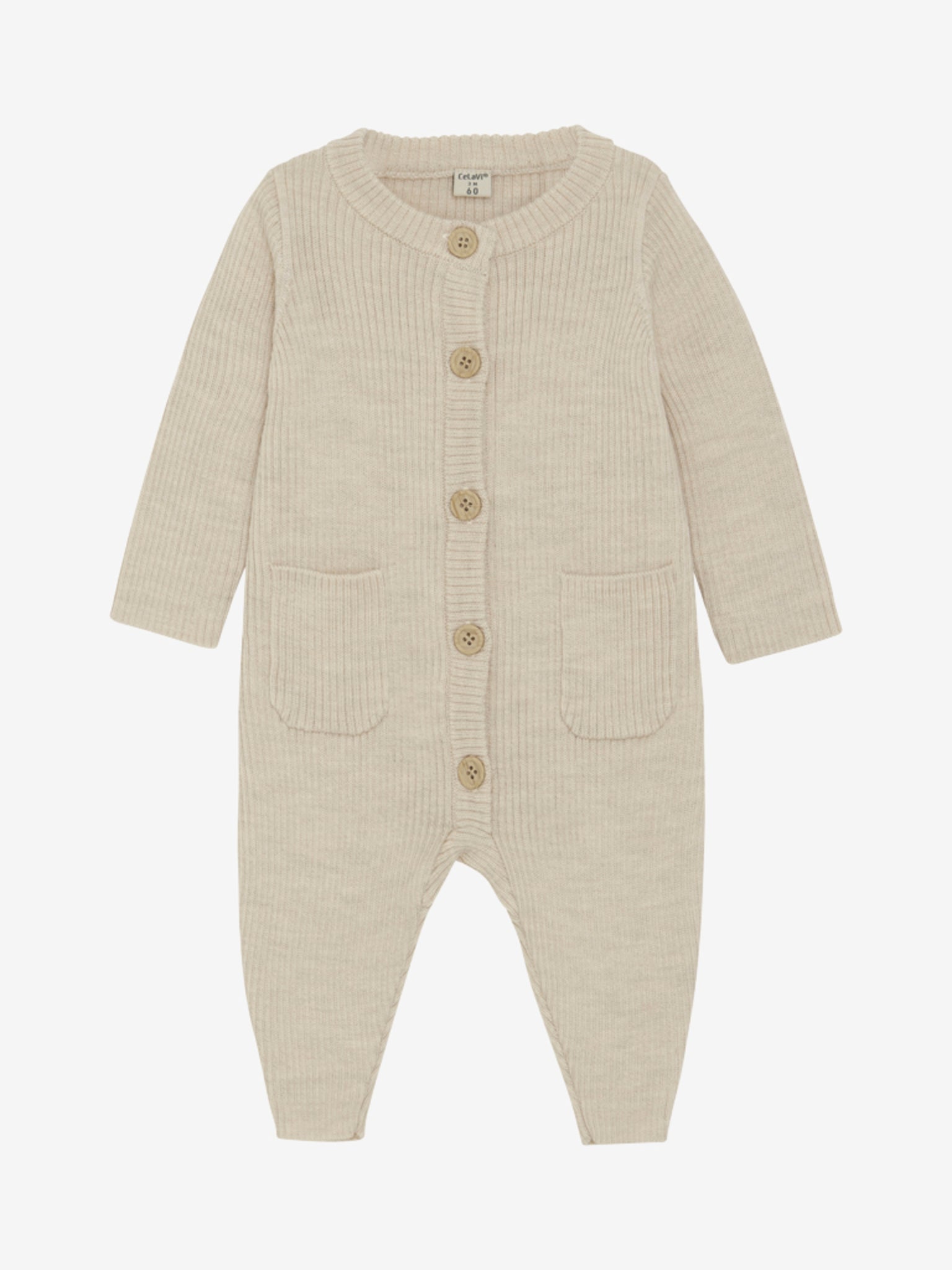 Langärmliger, einfarbiger Strickoverall aus 100 % Merinowolle von CeLaVi.