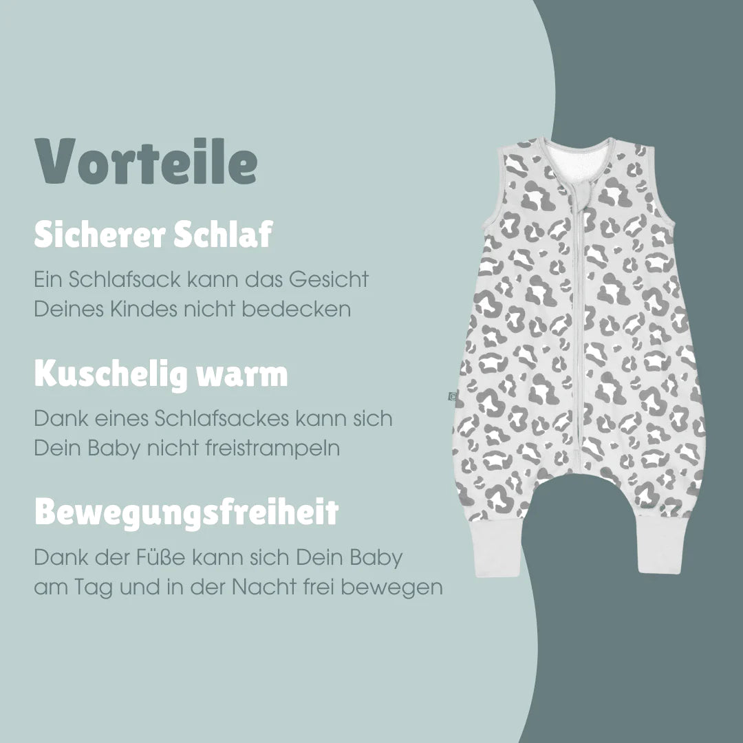 Emma & Noah - Sommerschlafsack mit Füßen leo grau 1.0 TOG aus Biobaumwolle