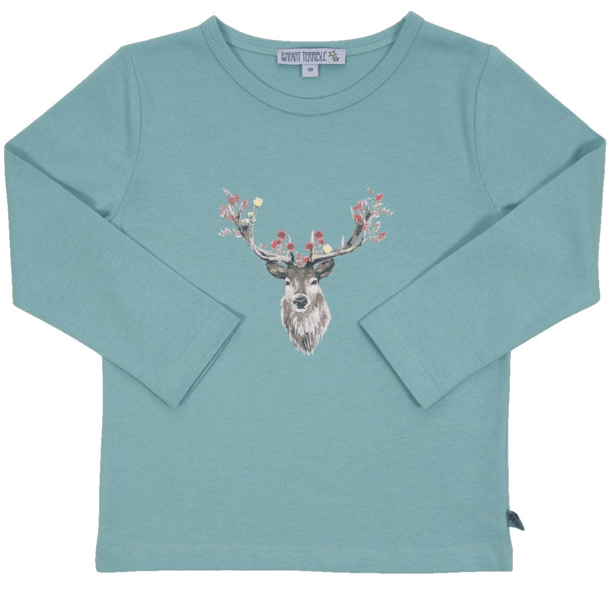 Türkisfarbenes Langarmshirt von Enfant Terrible aus super weicher und anschmiegsamer Bio Baumwolle mit Hirschprint.