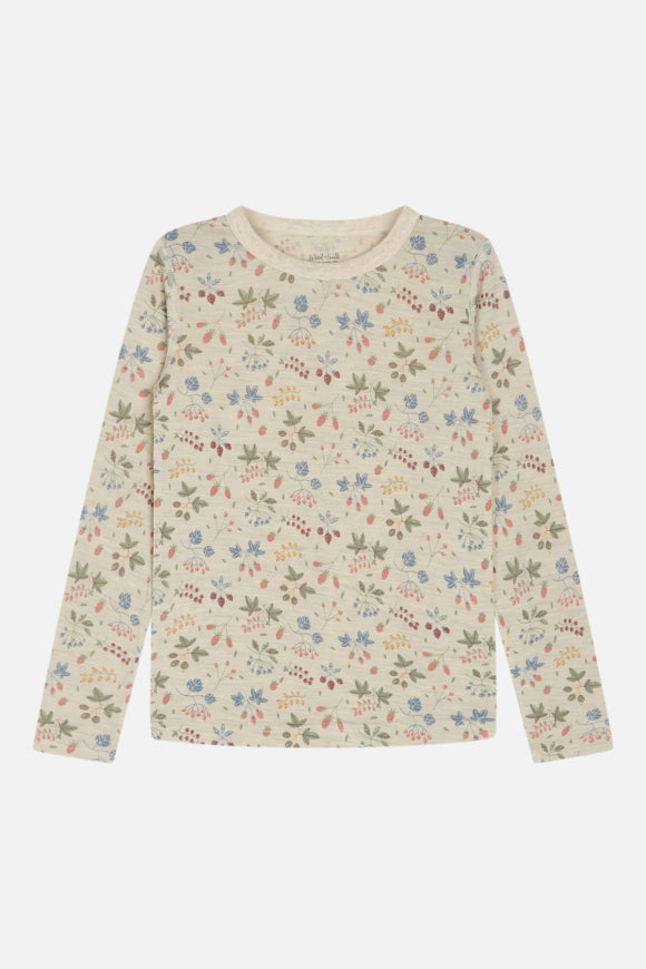 Süßes Langarmshirt aus weicher Stretch-Seiden-Wollmischung mit Erdbeere-Print von Hust & Claire.