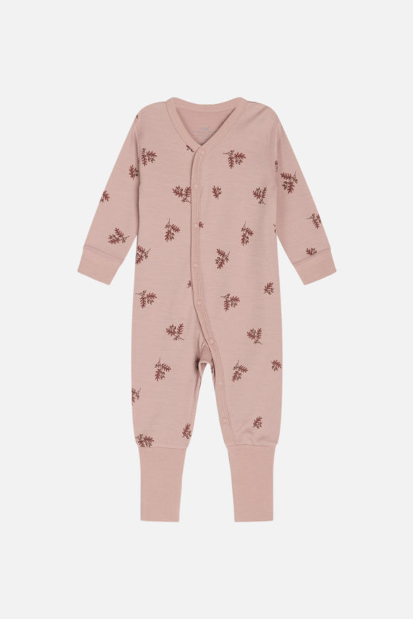 Langarm-All-in-One aus bequemer Stretchwolle und Bambusviskose. Einige mit einem Abdruck einer Eichel oder einer Eichel und einem Hubschrauber.