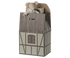 Eine Papiertüte in Form eines kleinen Hauses mit Tür und Fenster.