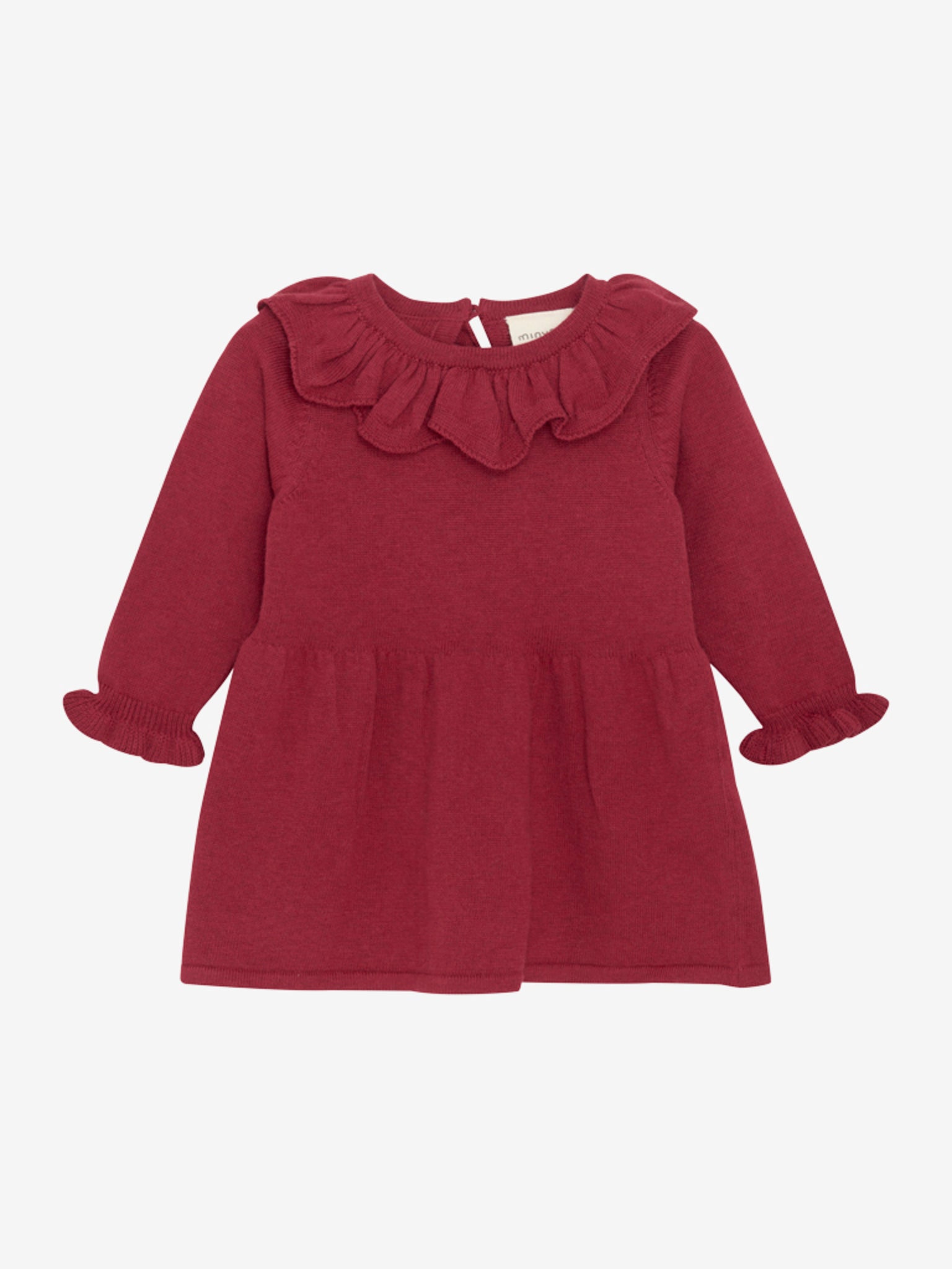 Schönes langärmliges Strickkleid von Minymo. Das Kleid besteht aus einer Baumwoll-Wollmischung. Das Kleid hat einen großen Kragen, der für einen schönen Look sorgt