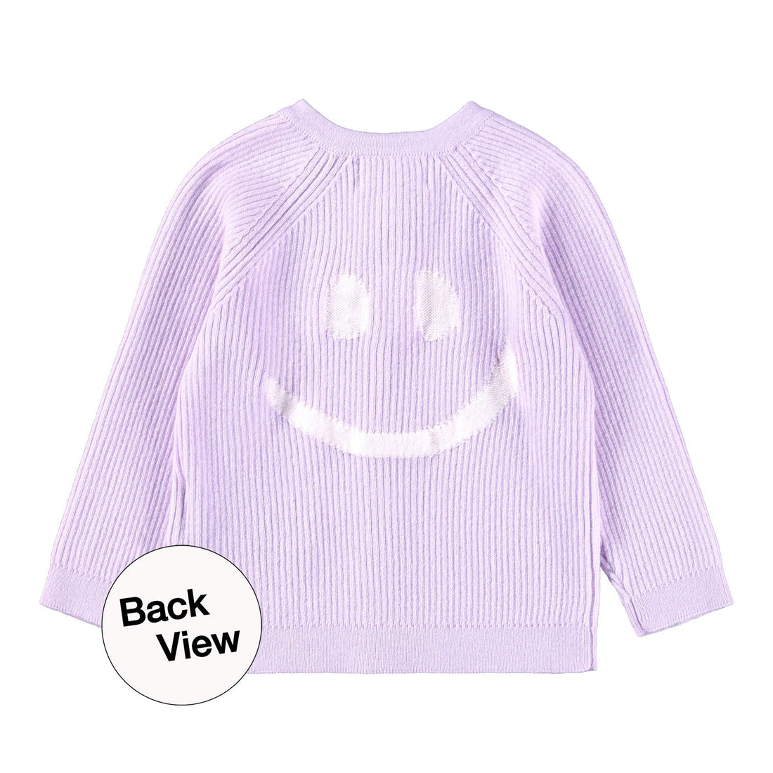 Molo - Strickjacke lila für Babys mit Smiley als Backprint