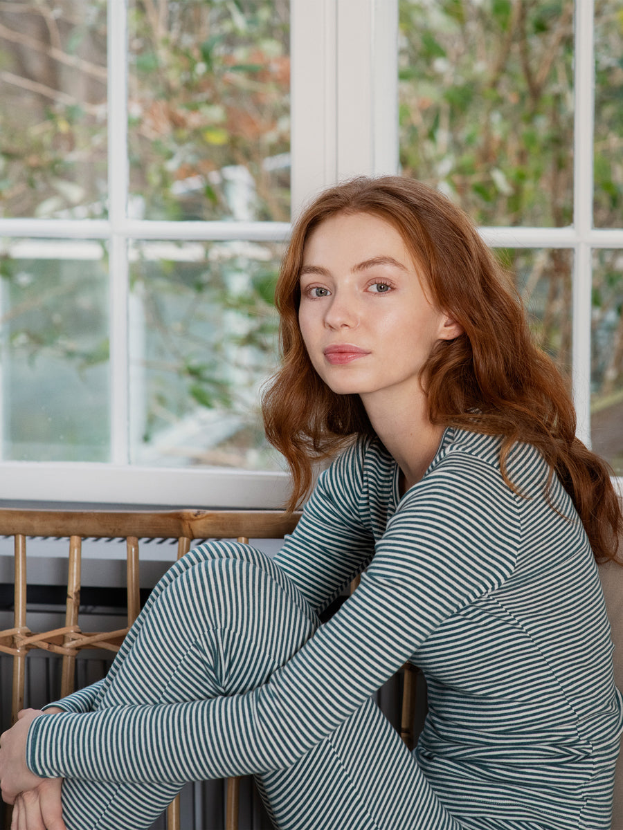 Serendipity - Damen Langarmshirt gestreift dunkelgrün/ natur