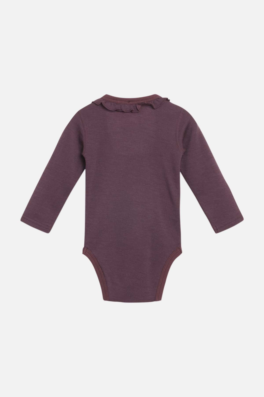 Baby Body Wolle/ Bambus plum mit Rüschenkragen, fair produziert von Hust and Claire