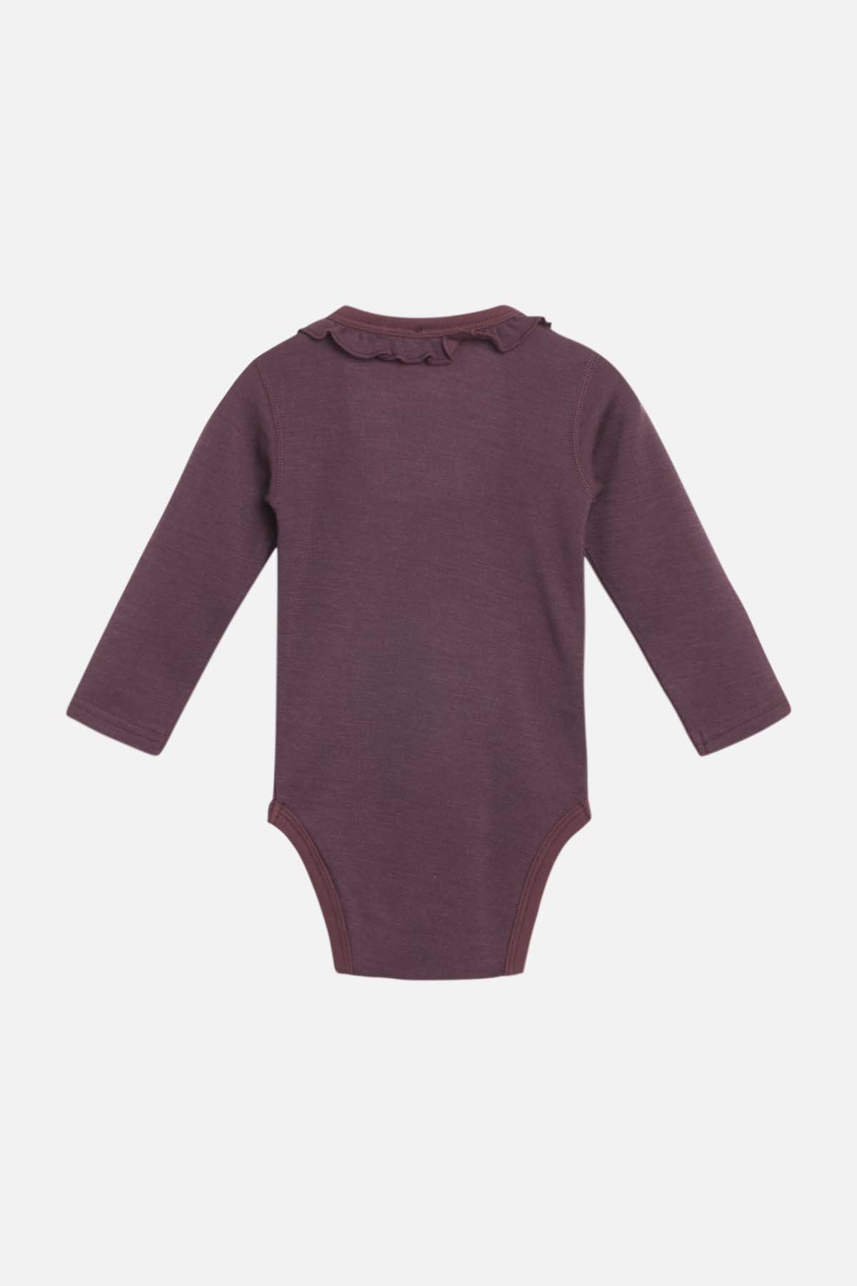 Baby Body Wolle/ Bambus plum mit Rüschenkragen, fair produziert von Hust and Claire