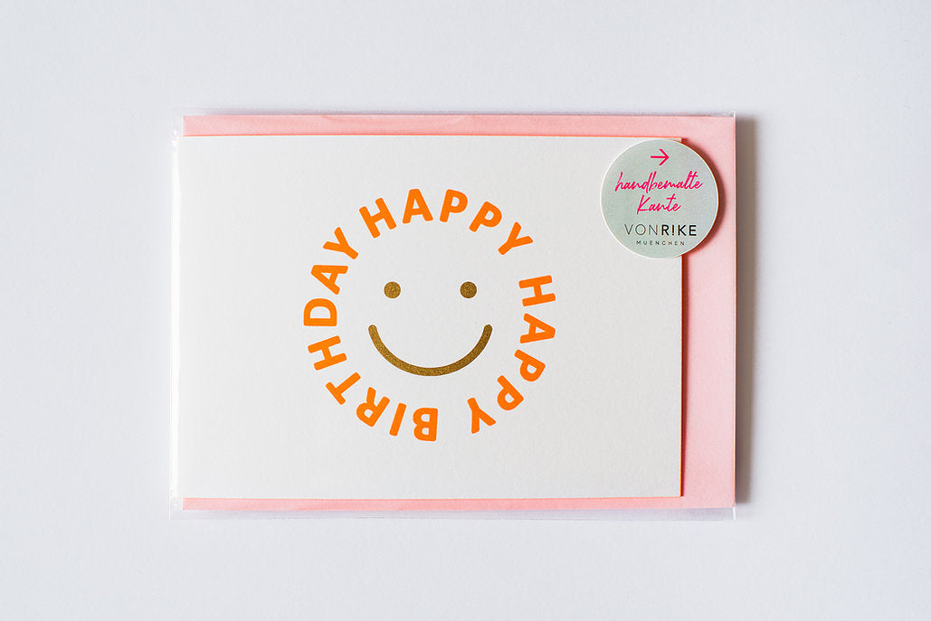Klappkarte Happy Birthday in neonorange mit Smile, handbemalt von Rike in München