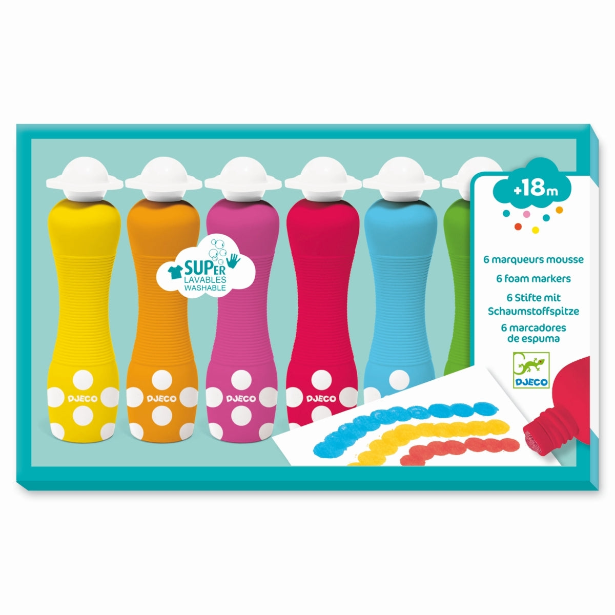Große Schaumstoffmarker, geeignet für Kinder ab 18 Monaten. Das Kind macht hübsche Tupfen, um bunte Grafiken zu erstellen. Mit ihrer ergonomischen Form liegen sie gut in den Händen der Kleinsten, um hübsche Zeichnungen oder Ausmalbilder anzufertigen. Eine abwaschbare Tinte, damit sie keine Flecken auf Kleidung oder Hände machen.