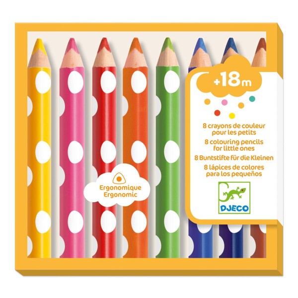 Erste Buntstifte in Dreiecksform, kurz und dick, sie liegen leicht in den Händen der Kleinsten, um hübsche Zeichnungen oder Ausmalungen zu machen. Leuchtende Farben und starke Leitungen: Sie markieren sehr gut.