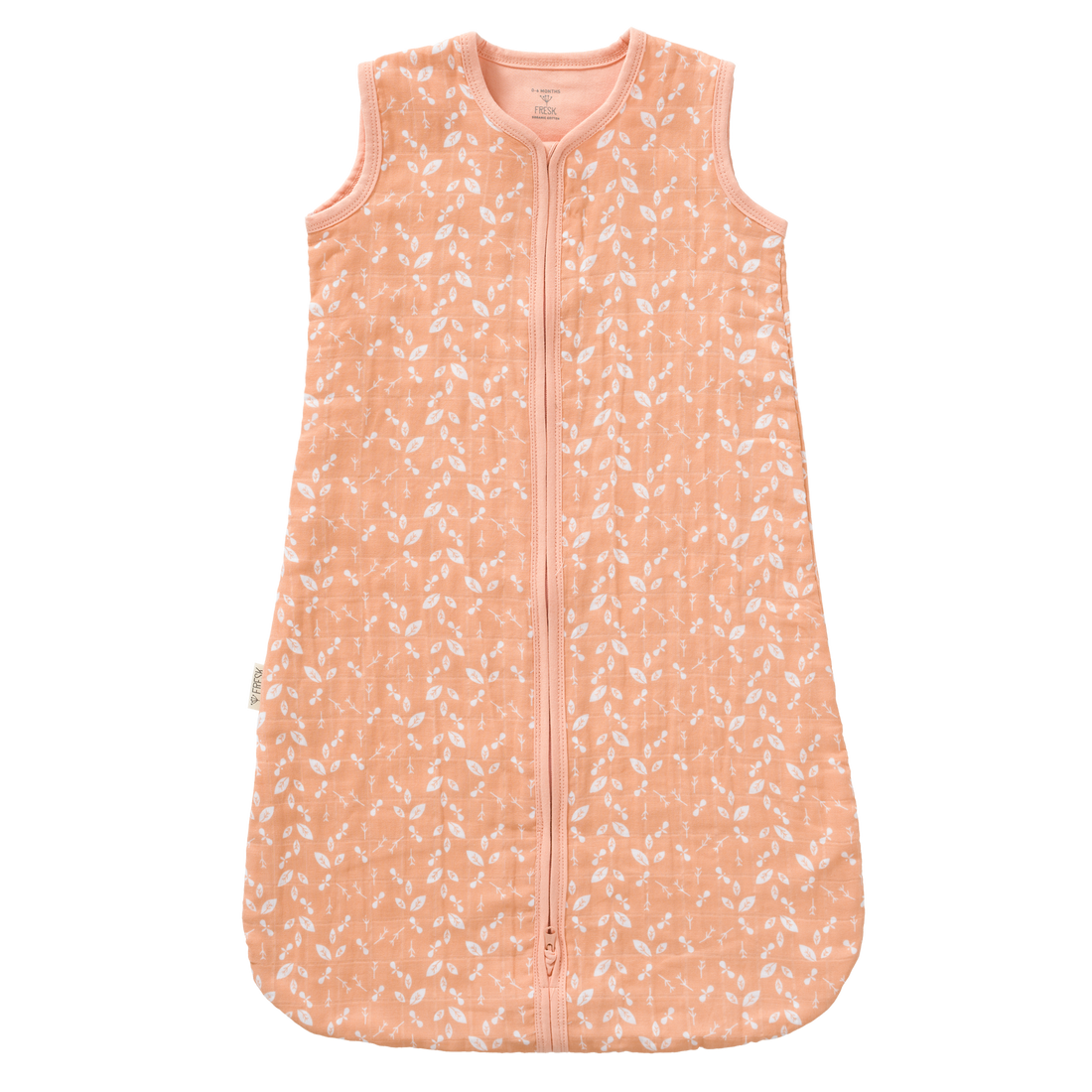 Baby Sommerschlafsack aus Biobaumwolle, rosa mit Blätterprint in weiß, fair produziert von Fresk