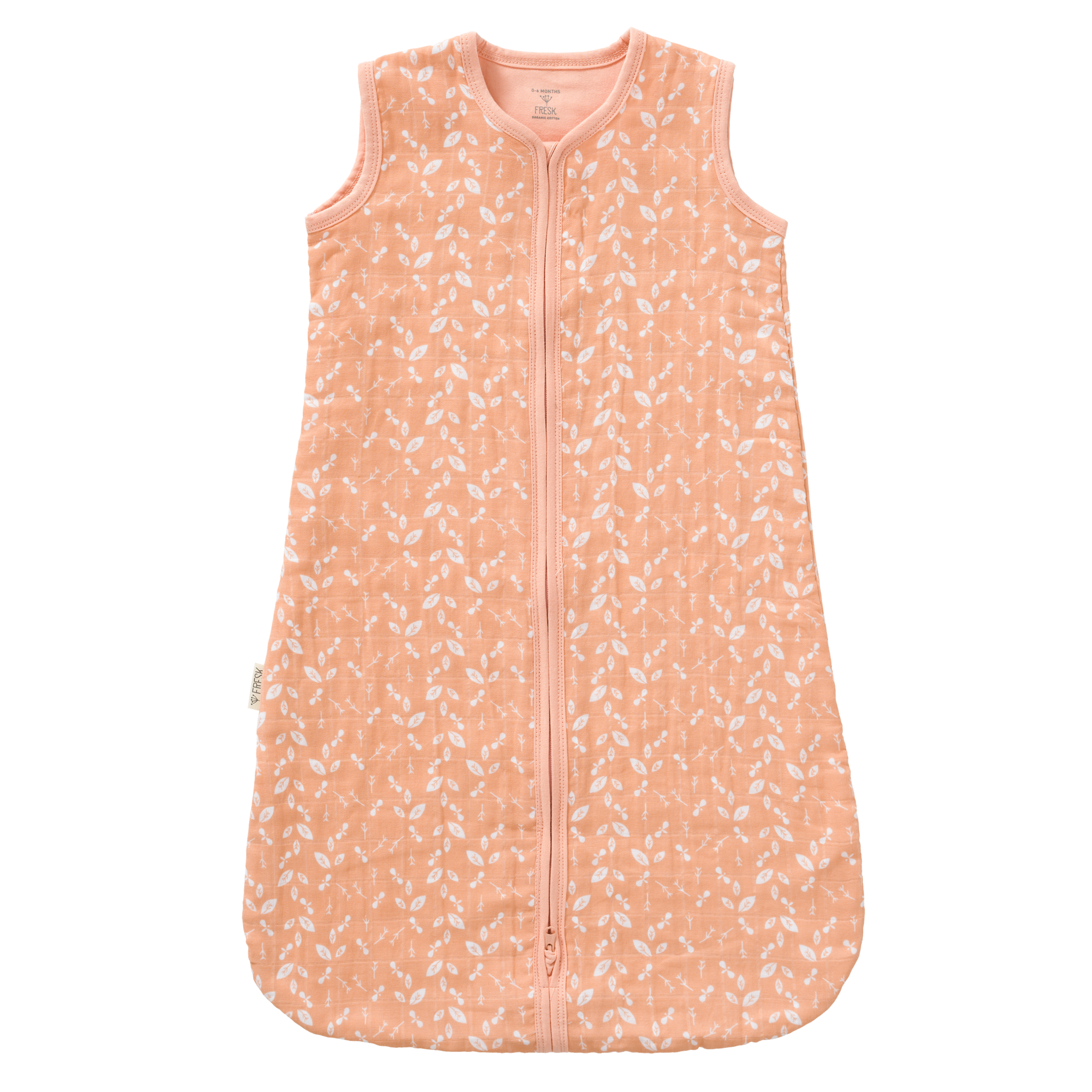 Baby Sommerschlafsack aus Biobaumwolle, rosa mit Blätterprint in weiß, fair produziert von Fresk