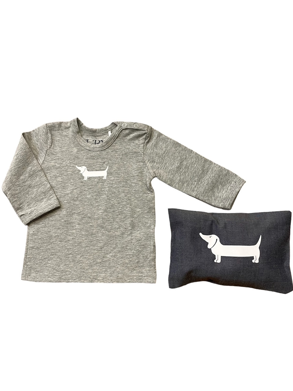 Auryn - Baby Shirt grau Biobaumwolle mit Dackel weiss