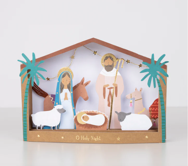Dies ist mehr als nur eine Weihnachtskarte, es ist ein wunderschön gestaltetes und handgefertigtes Krippen-Diorama, das eine exquisite festliche Dekoration macht.