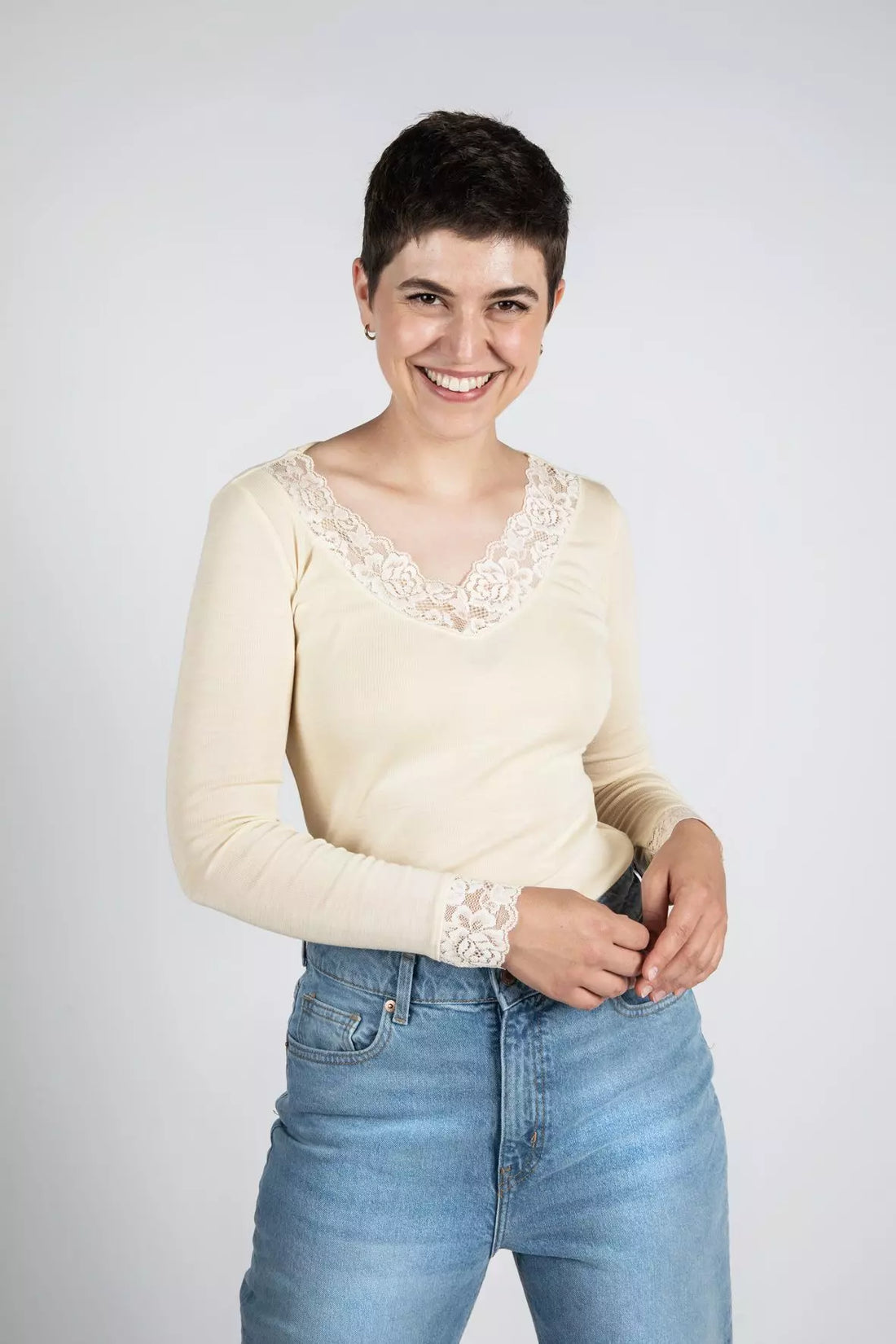 Engel - Damen Langarmshirt Wolle/Seide mit Spitze natur