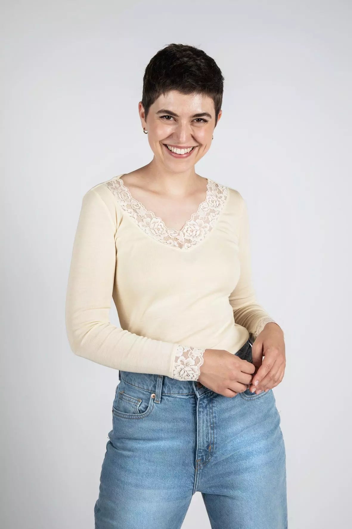 Engel -  Damen Langarmshirt Wolle/Seide mit Spitze natur