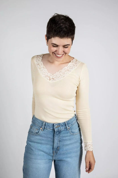 Engel -  Damen Langarmshirt Wolle/Seide mit Spitze natur