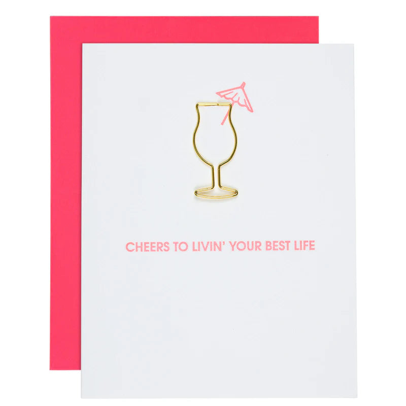 Unsere Karte „Cheers To Livin‘ Your Best Life“ wurde im Buchdruckverfahren auf einer alten Druckmaschine im sonnigen Kalifornien gedruckt.