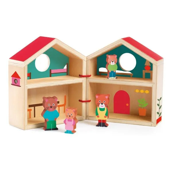 Ein erstes Holzhaus zum Spielen ab 18 Monaten. Beim Öffnen entdeckt das Kind ein hübsch gestaltetes Häuschen, in dem die Katzenfamilie lebt