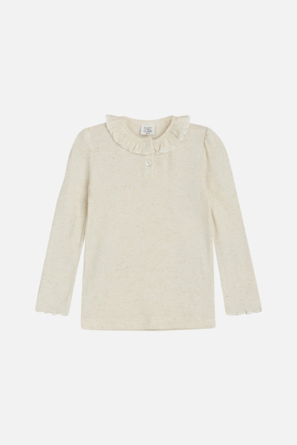 Langärmliges T-Shirt aus geripptem Stoff mit Rüschenkragen, Rüschen an den Schultern und Babylock-Besatz an den Ärmeln von Hust & Claire.