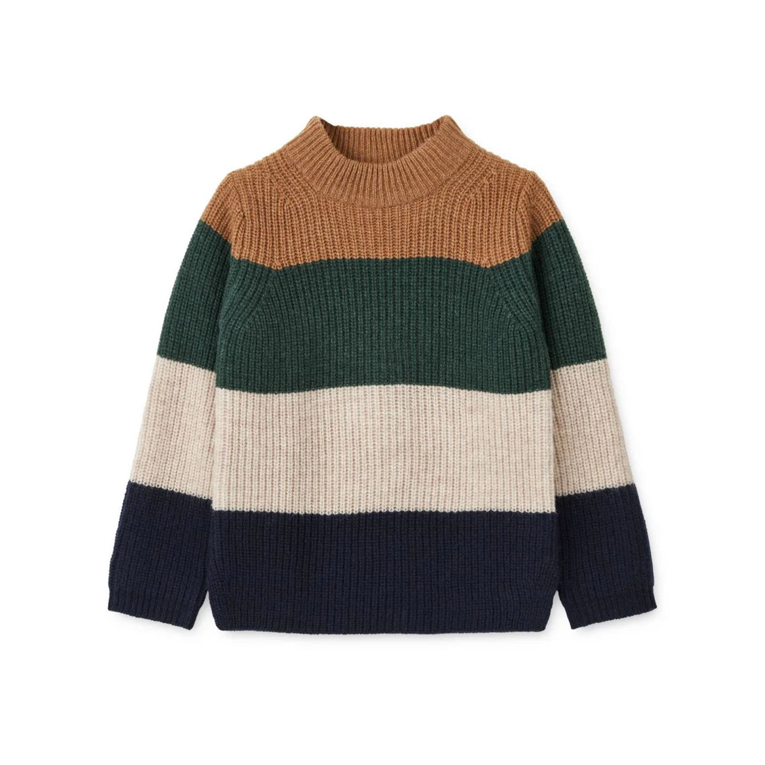 Der Strickpullover Cali ist aus 100 % Bio-Wolle gefertigt und hat einen Halbstrickjackenstich, Seitenschlitze, Stehkragen und kontrastfarbene Details.