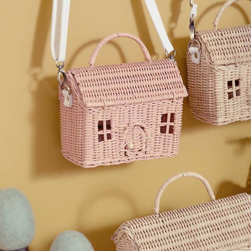 Olli Ella - Kindertasche Puppenhaus aus Bast rosa