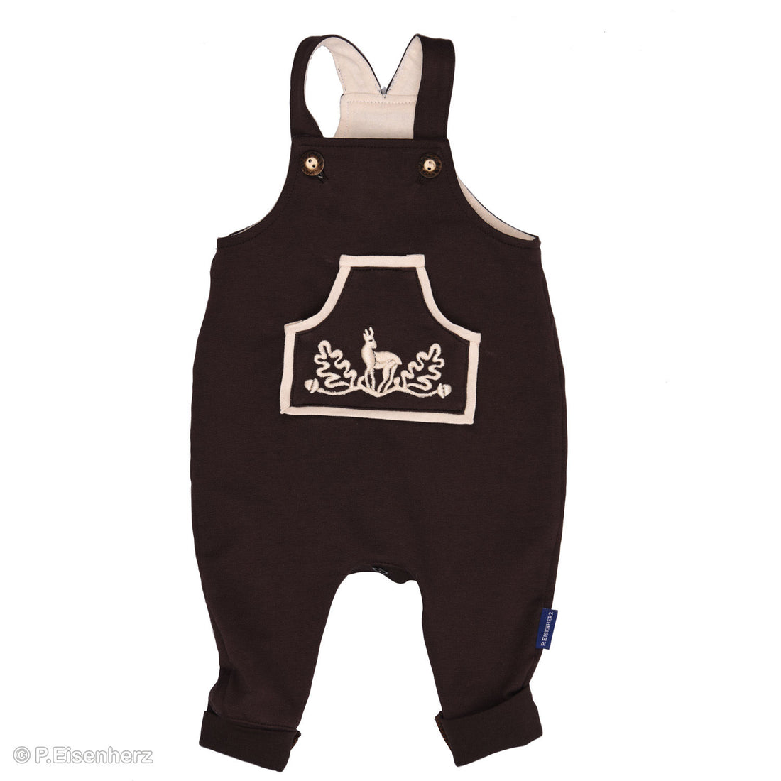 Niedlicher Babystrampler in dunkelbraun mit Eichenlaub Stickerei und kleiner Beuteltasche von P. Eisenherz.