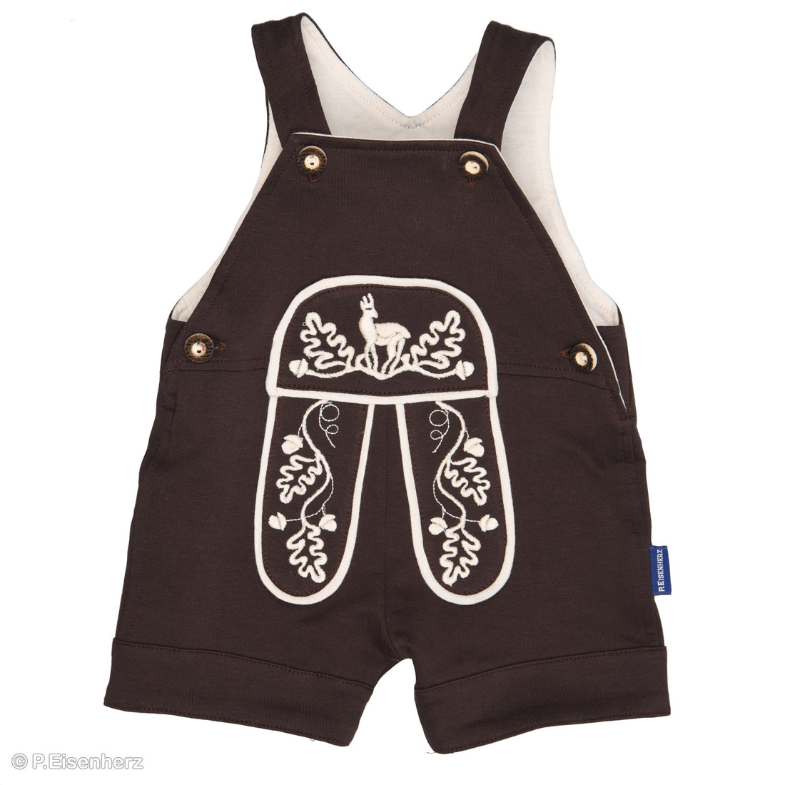 Niedliche Latzshorts von P. Eisenherz in dunkelbraun mit Eichenlaub Stickerei. Durch die Knöpfe in Holzoptik wird ein einfaches An- und Ausziehen ermöglicht.