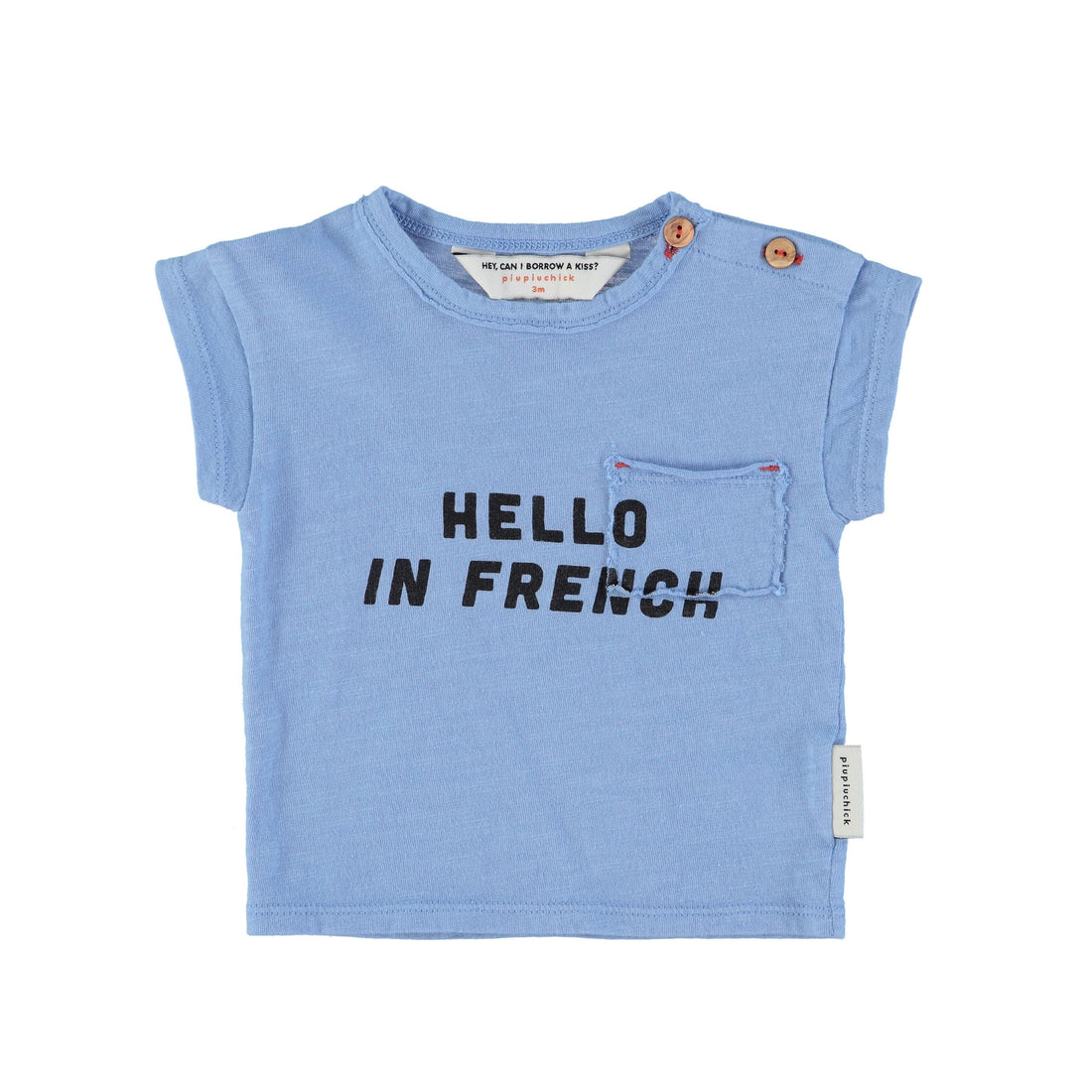 T-Shirt blau mit Druck &quot;Hello in french&quot; von Piupiuchick 