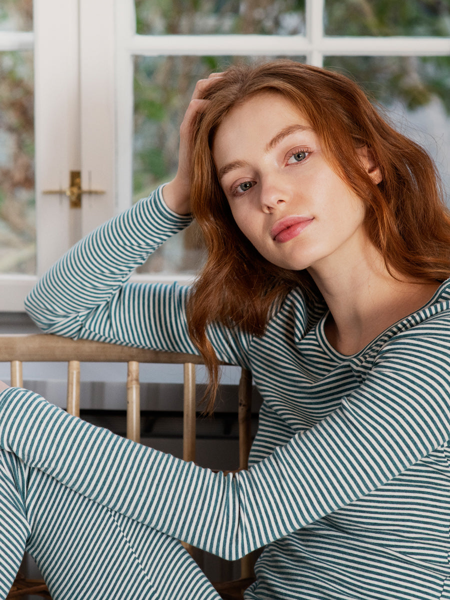 Serendipity - Damen Langarmshirt gestreift dunkelgrün/ natur