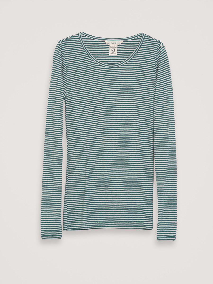 Damen Langarmshirt gestreift dunkelgrün/ natur aus Biobaumwolle von Serendipity