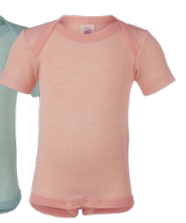 Kurzarm Babybody Wolle/ Seide natur-rosa Streifen, fair produziert von Engel NAtur