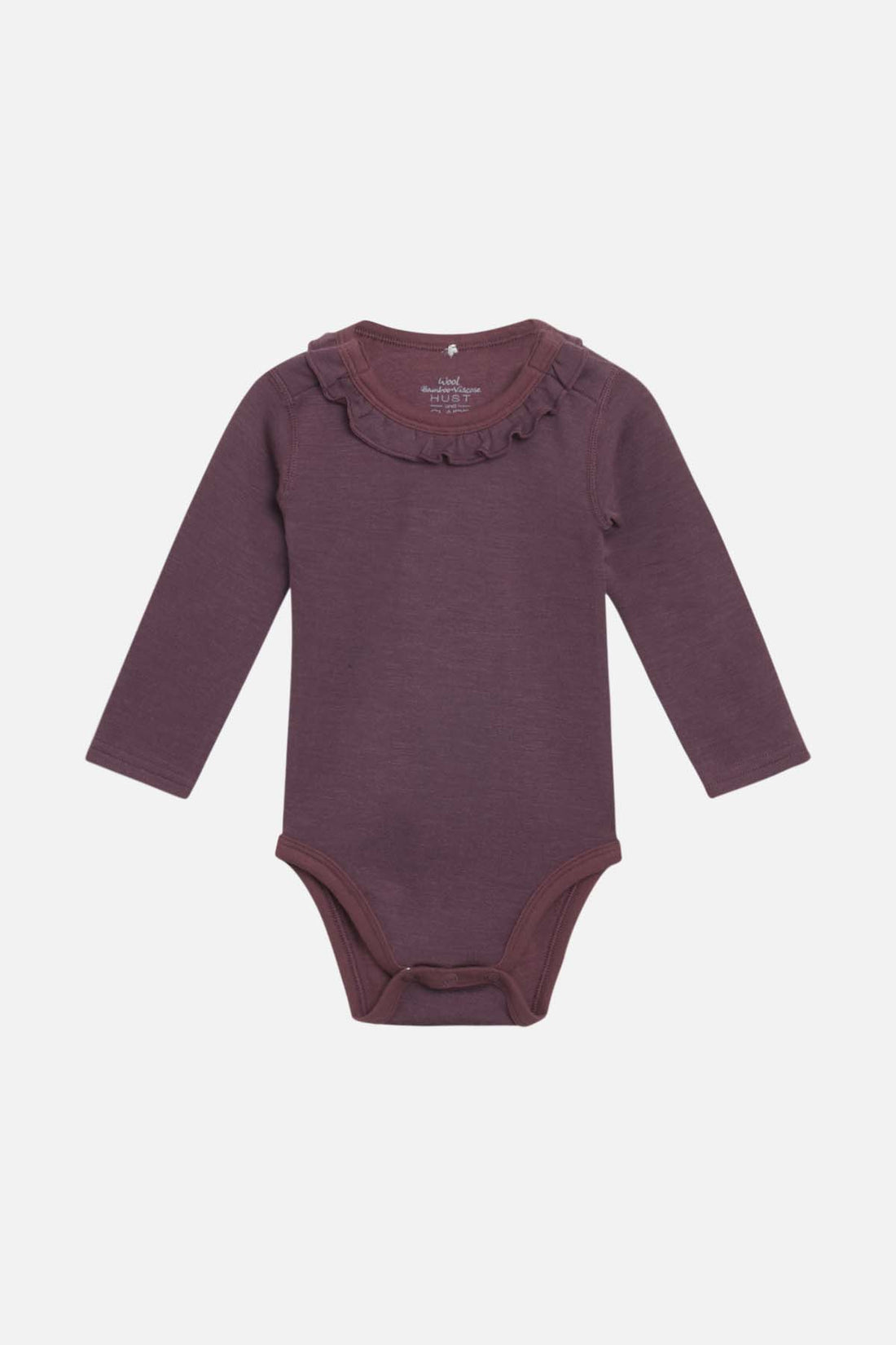 Baby Body Wolle/ Bambus plum mit Rüschenkragen, fair produziert von Hust and Claire