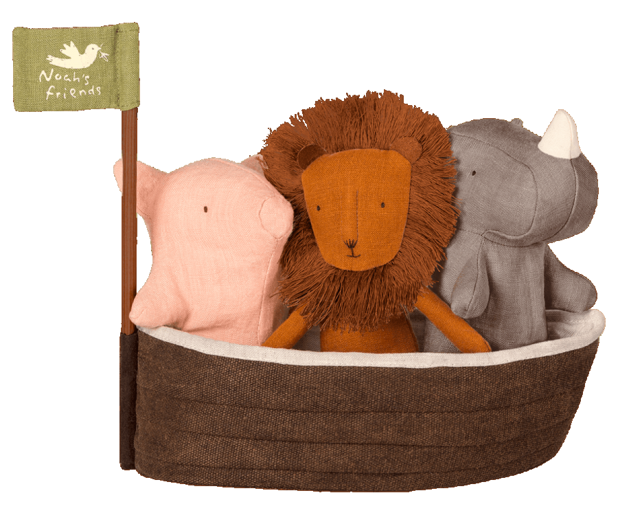 wunderschöäne Arche Noah aus Leinen mit 3 Babyrasseln, fair produziert von Maileg, ein tolles Geburtsgeschenk