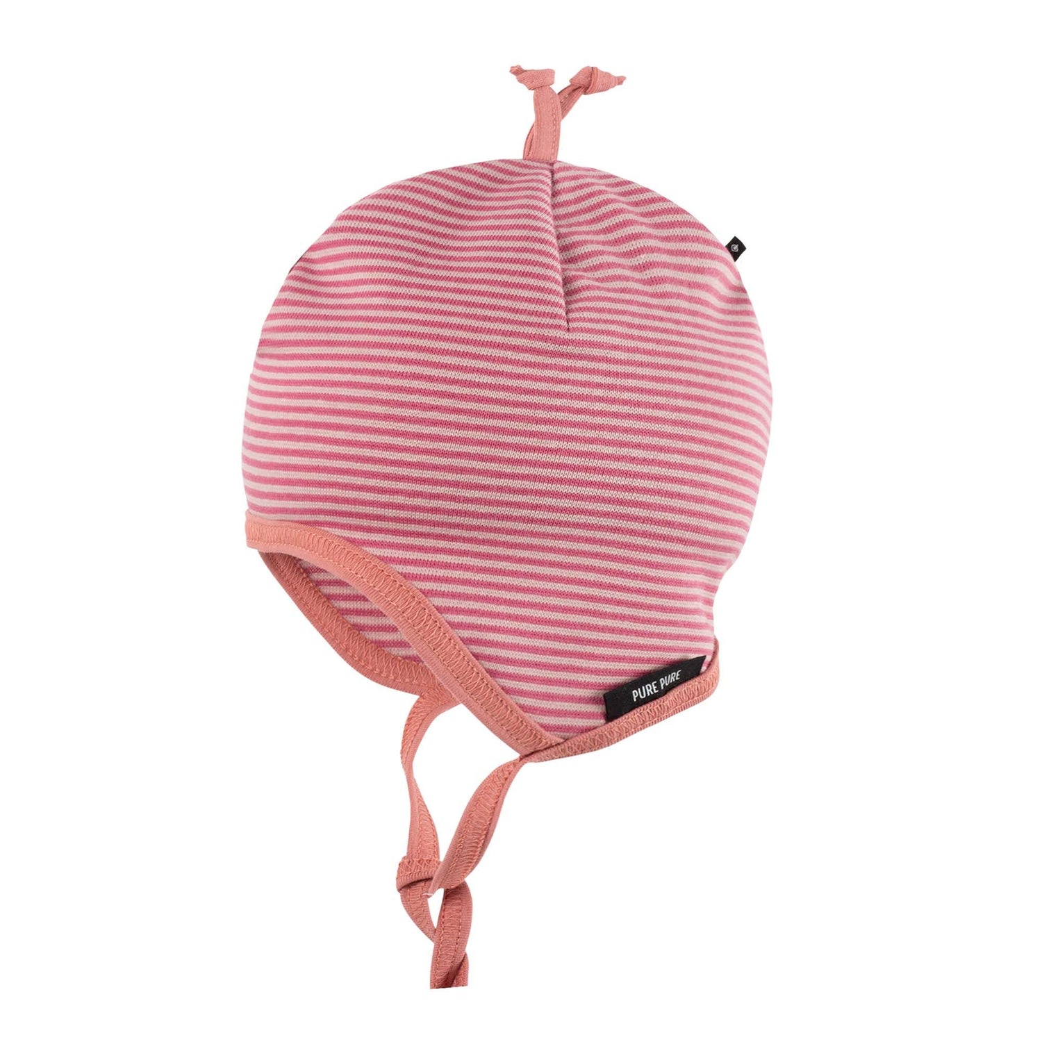 Babymütze Biobaumwolle Streifen rosa zum binden, fair produziert von Pure Pure