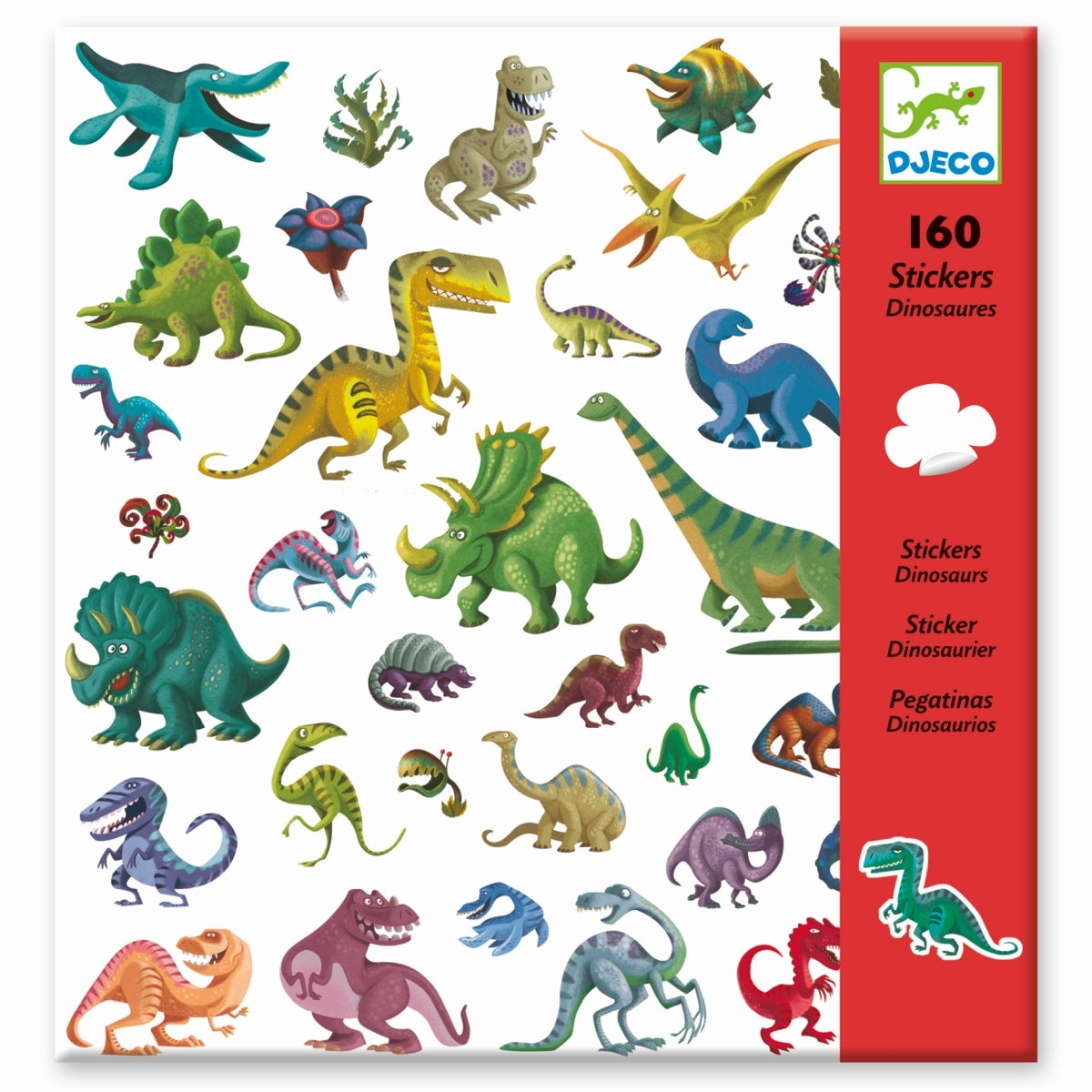 Ein Set mit 160 Stickern zum faszinierenden Thema Dinosaurier. Triceratops, Diplodocus, Tyrannosaurus, Stegosaurus uvm. Alle sind mit dabei! Das Kind klebt die zahlreichen Sticker nach Wunsch auf und erschafft eigene Sketche oder nutzt sie als Dekoration für andere Objekte.
