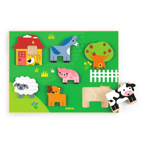 Farm Story ist ein Holzpuzzle zum Thema Bauernhof. Die dicken Teile stehen aufrecht und ermöglichen es dem Kind, sich mit den Tieren und der Umgebung zu beschäftigen.