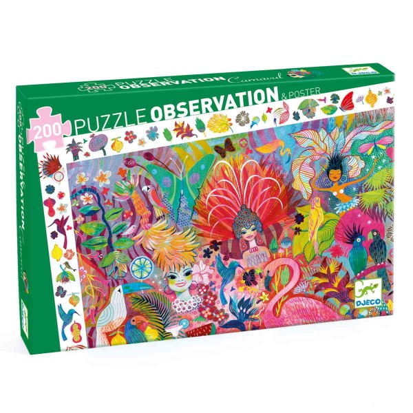 Wimmelpuzzle von Djeco für Kinder ab 6 Jahre. Auf dem Puzzle mit 200 Teilen ist ein Karneval zu sehen, bei dem es viel zu entdecken gibt.