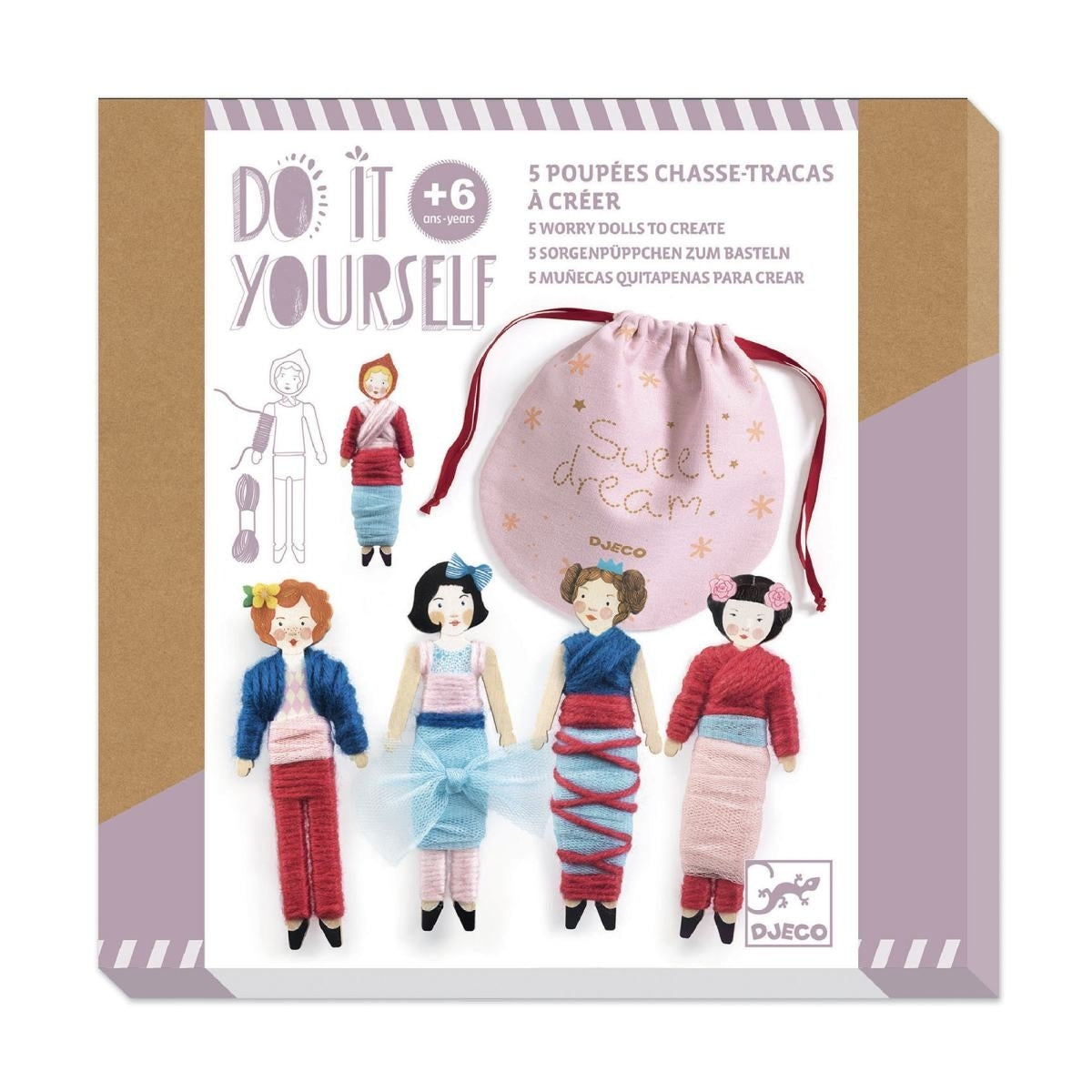 5 Sorgenpüppchen zum Basteln: Die kleinen Puppen sollen mit Wolle und farbigem Tüll, der im Set enthalten ist, bekleidet werden.