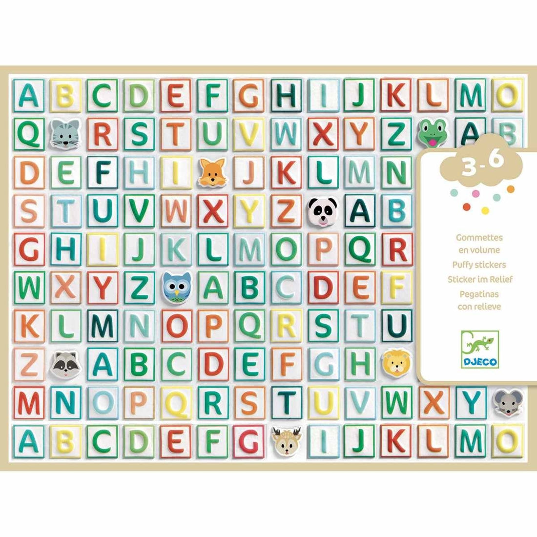 Große 3D-Sticker, um sich spielerisch mit den Buchstaben vertraut zu machen.   Erste Erfahrungen mit Collagen, ab 3 Jahren. Große Aufkleber, die leicht zu greifen sind: Sie sind dick und Überflüssige Teile wurden entfernt. Besonders weiche Aufkleber, die sich sehr gut anfühlen. Mehrere Kinder können zusammen kreativ sein. Erlernen des Alphabets.