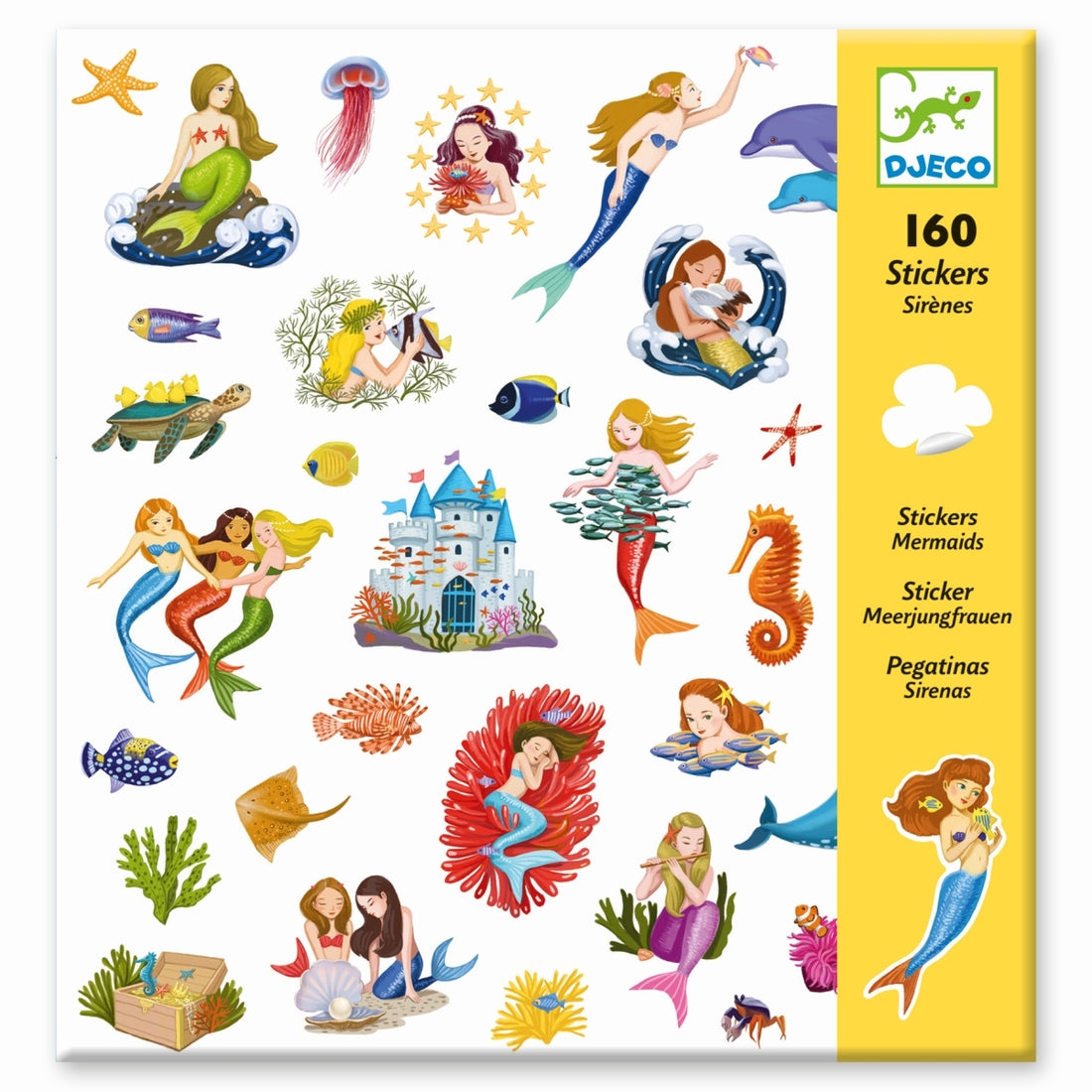 Ein Set mit 160 Stickern, um in das faszinierenden Universum der Meerjungfrauen einzutauchen. Meerestiere, schöne Meerjungfrauen, andere Deko uvm. Alle sind mit dabei! Das Kind klebt die zahlreichen Sticker nach Wunsch auf und erschafft schöne Unterwasserszenen oder nutzt sie als Dekoration für andere Objekte.