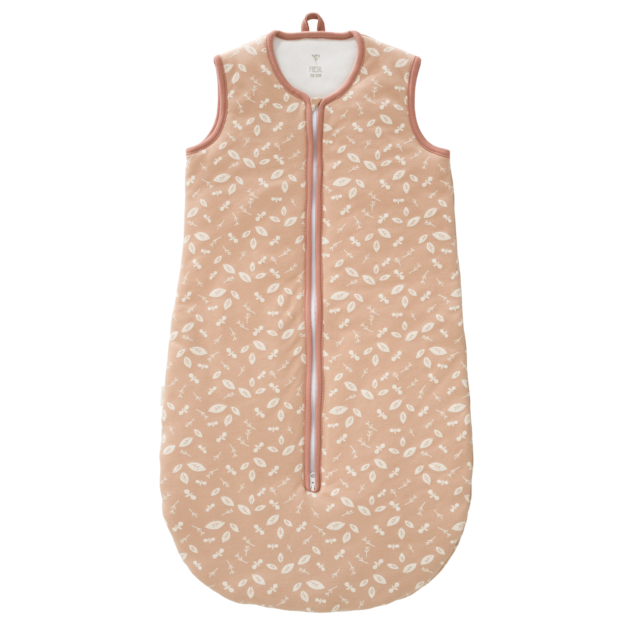 Schlafsack leicht gefüttert aus Biobaumwolle mit Blätterprint in rosa, fair produziert von Fresk