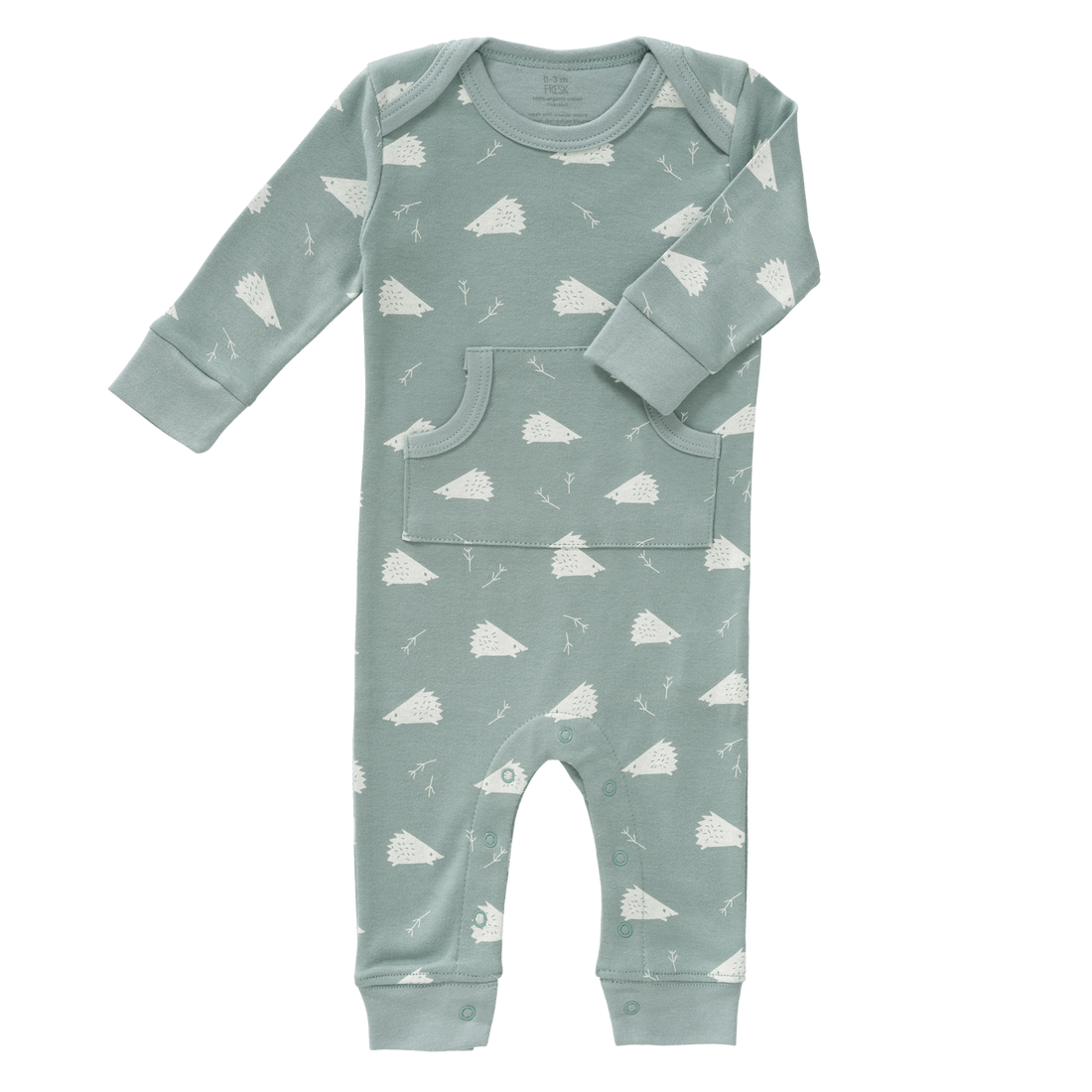 Baby Strampler aus Biobaumwolle in mint mit Igelprint, fair produziert von Fresk
