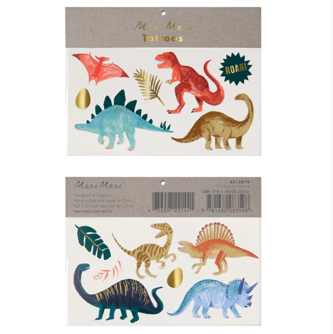Diese erstaunlichen temporären Tattoos von Meri Meri aus dem Dinosaurier-Königreich sind perfekt für eine Dinosaurier-Party oder wann immer Sie ein lustiges Jurassic-Accessoire wollen!