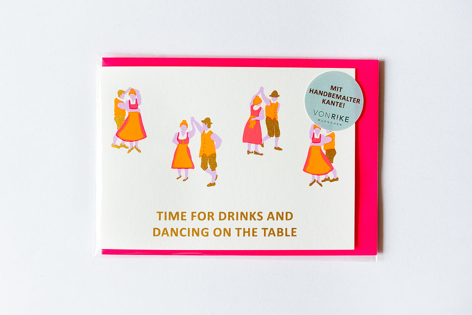 Karte aus Naturkarton mit Print in Neon Pink, Neon Orange und Gold. Außenkante der Karte handbemalt in Neon Pink. Love it!